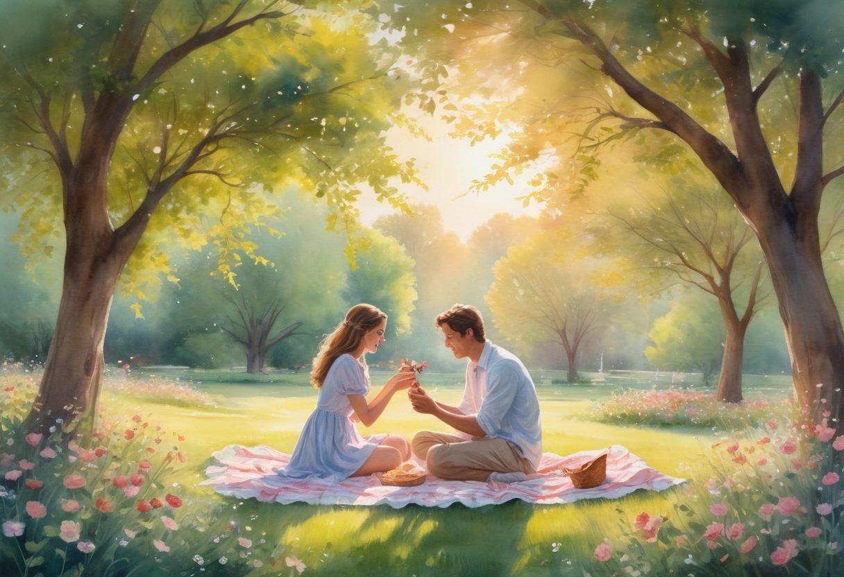 A warm, intimate scene depicting a couple sharing a sunrise picnic in a picturesque park, surrounded by blooming flowers and soft, dappled sunlight. Their laughter and tender gestures convey deep connection, with the background featuring whimsical elements like fluttering butterflies and hearts in the air. The overall atmosphere embodies happiness and love, inviting viewers to embrace everyday moments. watercolor painting. soft pastel colors. dreamy and romantic vibe.