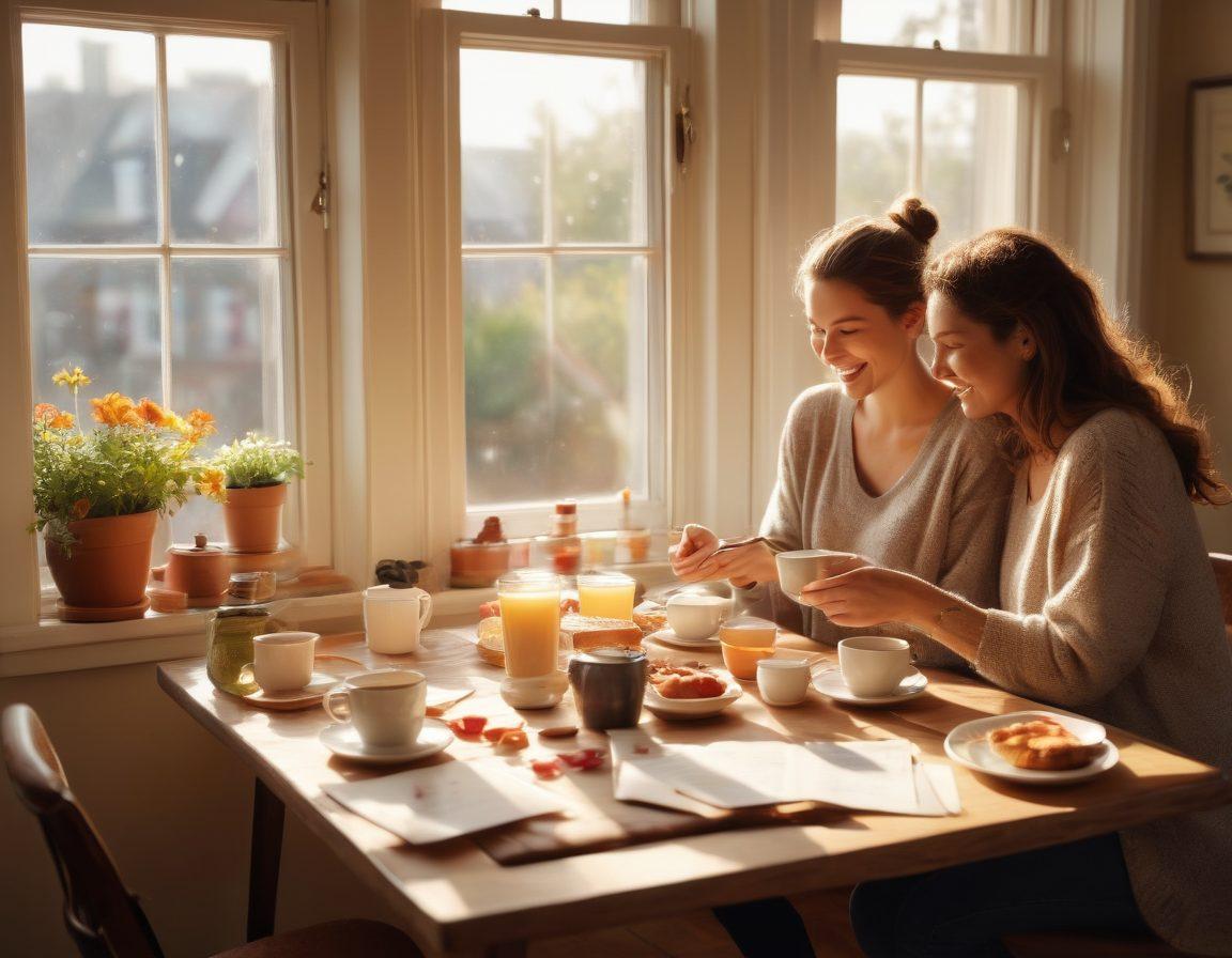A cozy living room scene with a couple sharing laughter over a day-to-day activity like cooking together. Soft sunlight streams through a window illuminating a table set with a breakfast spread, highlighting small acts of love like handwritten notes or coffee cups with hearts. The atmosphere is warm and inviting, portraying intimacy in everyday moments. super-realistic. warm colors. soft focus.