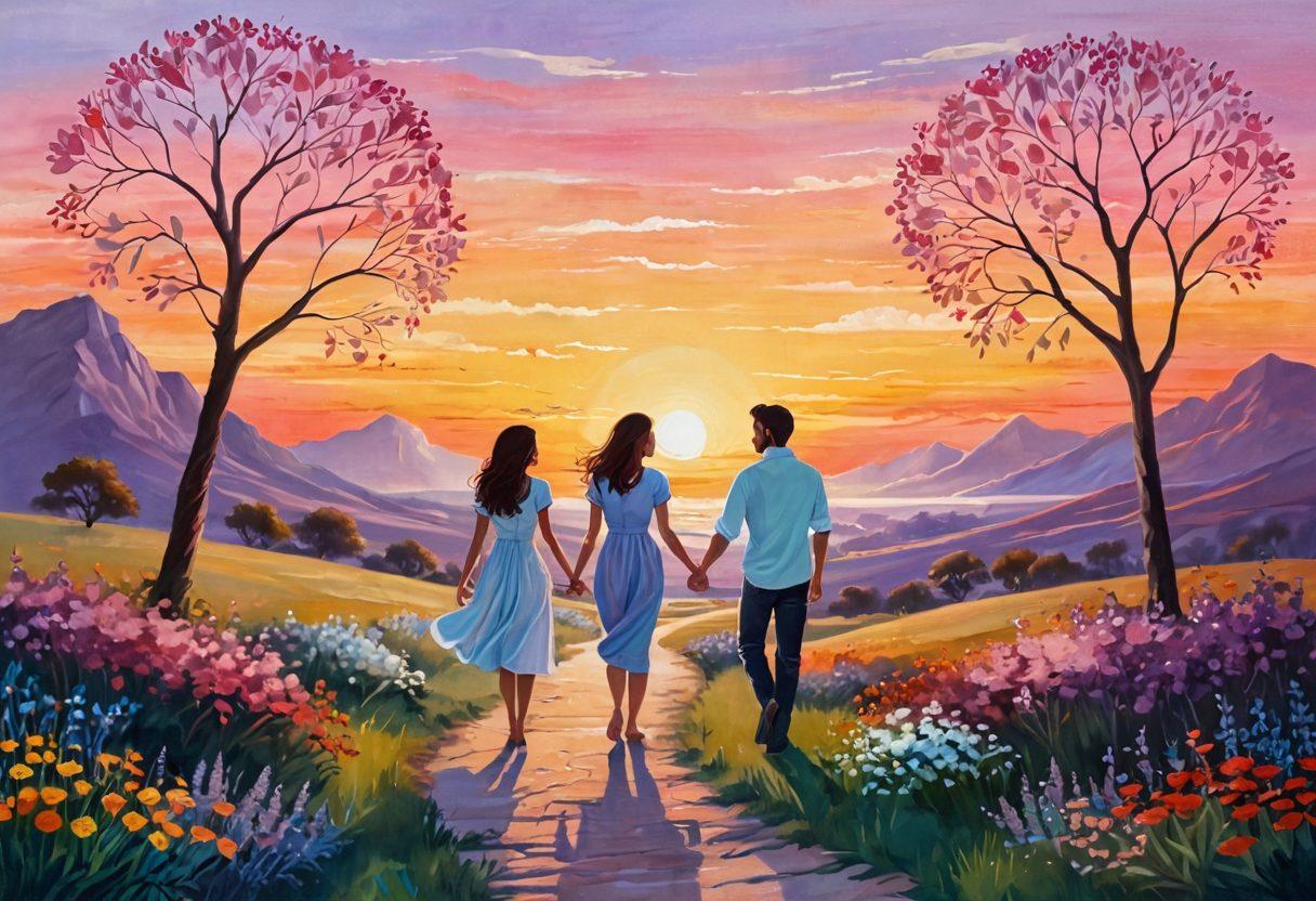 A romantic scene illustrating a couple progressing through various stages of love, beginning with playful flirtation and evolving into deep commitment. Include soft pastel colors, delicate floral elements, and heart motifs to evoke tenderness. Background filled with a serene sunset to symbolize the journey of love over time. Narration elements like light, whimsical pathways connecting each stage together. painting. vibrant colors.